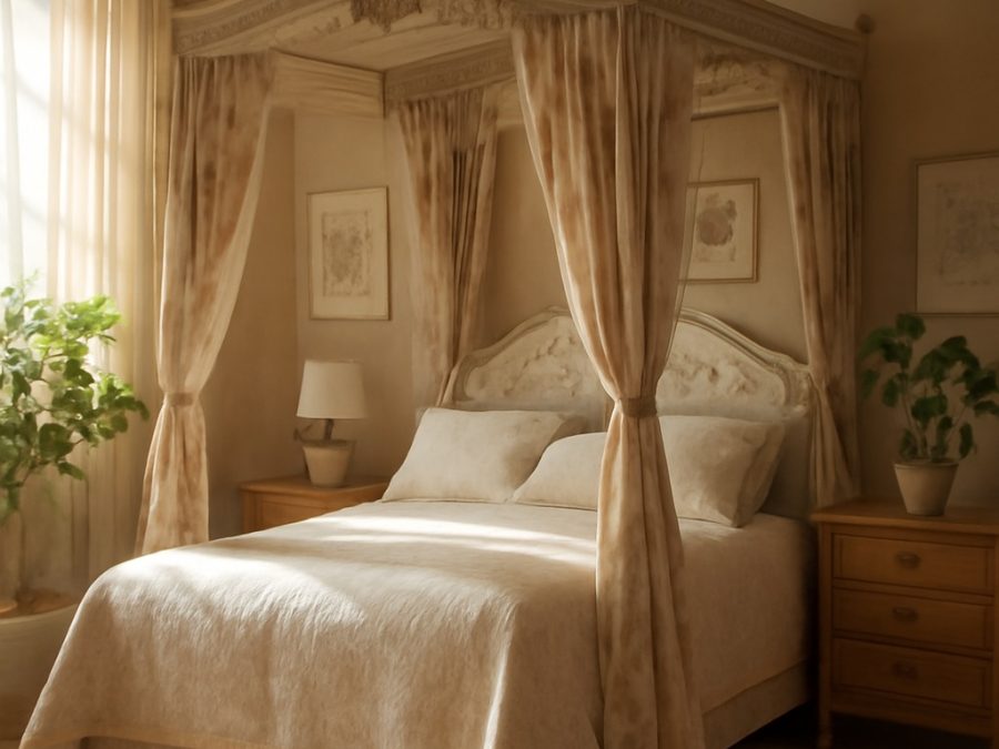 Designul unui dormitor romantic în New Rochelle cu elemente florale și pin