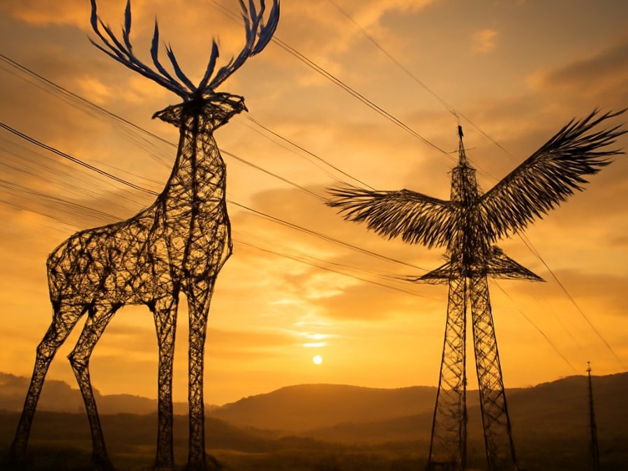 Power lines shaped as animal sculptures supply electricity across Austria
