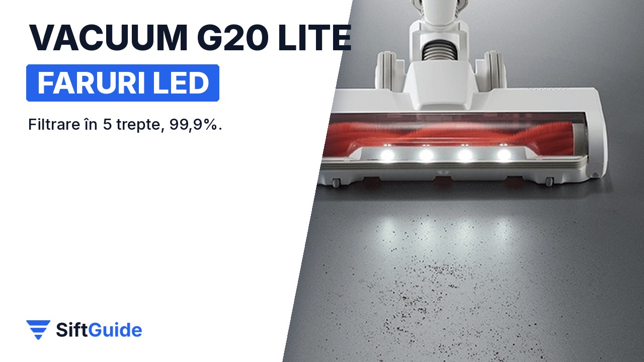 Farurile LED ale aspiratorului Xiaomi G20 Lite pe o pardoseală închisă la culoare