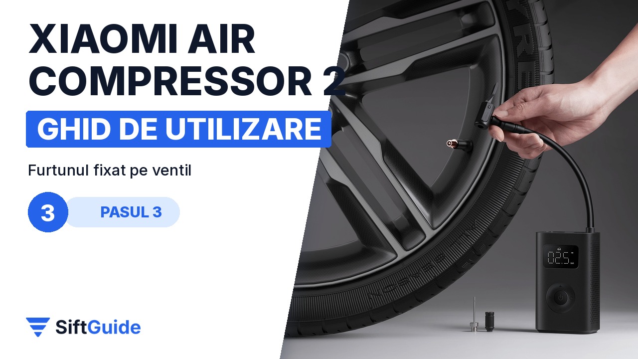 Furtunul compresorului Xiaomi 2 fixat pe ventilul unei roți de mașină