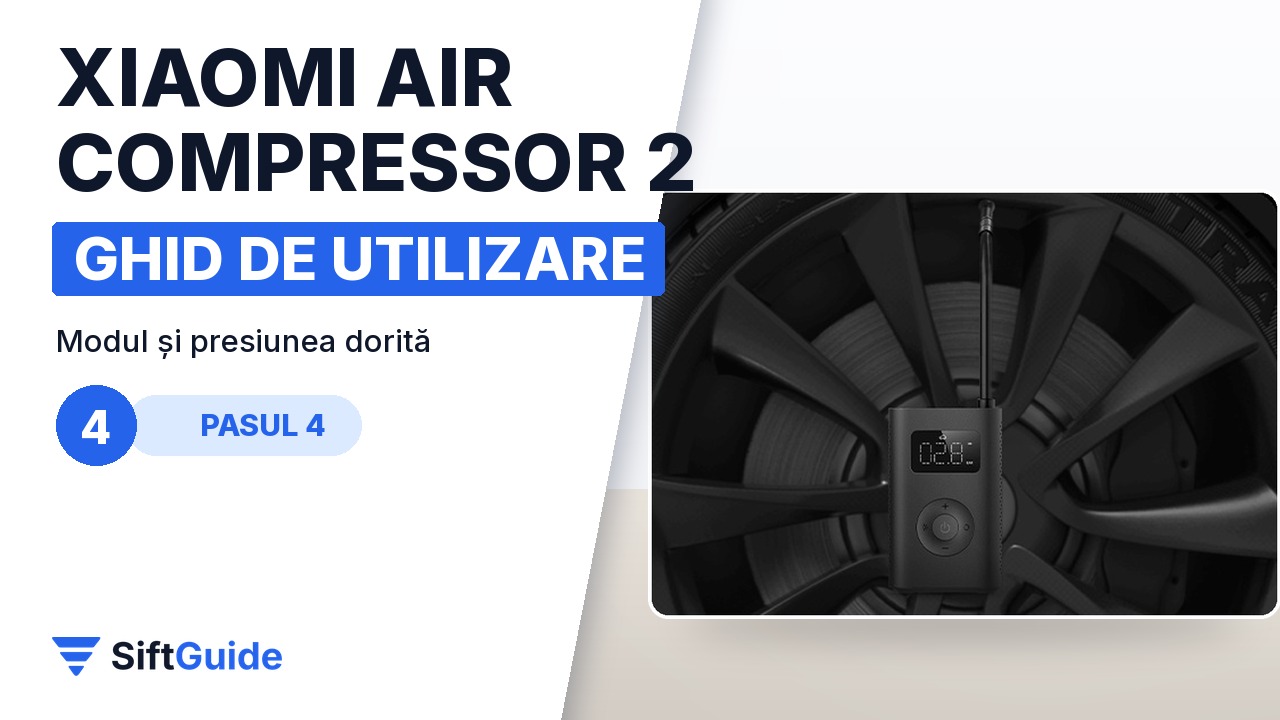 Compresorul Xiaomi 2 lângă roata unei mașini, cu modul ales pe ecran