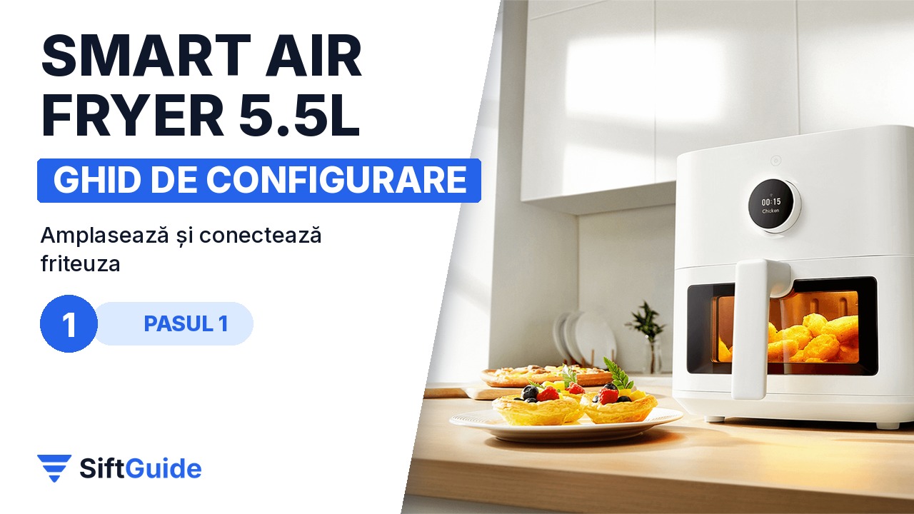 Friteuza Xiaomi Smart Air Fryer 5.5L albă într-o bucătărie luminoasă