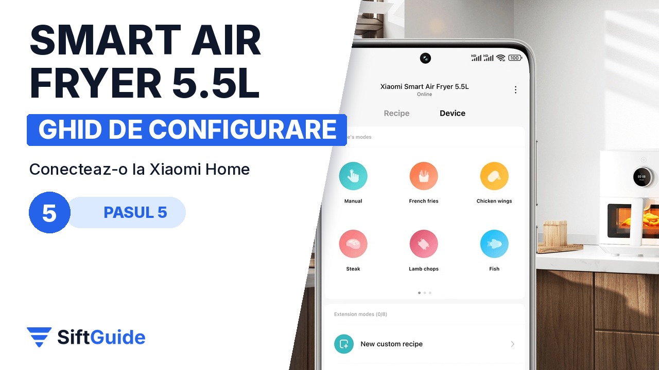 Aplicația Xiaomi Home lângă friteuza Xiaomi într-o bucătărie modernă