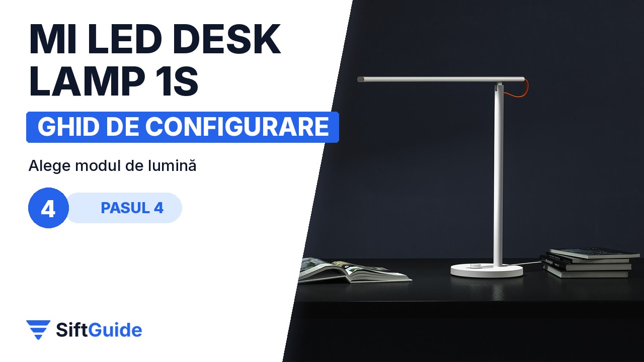 Lampa Mi LED Desk Lamp 1S într-un interior întunecat, cu lumină caldă
