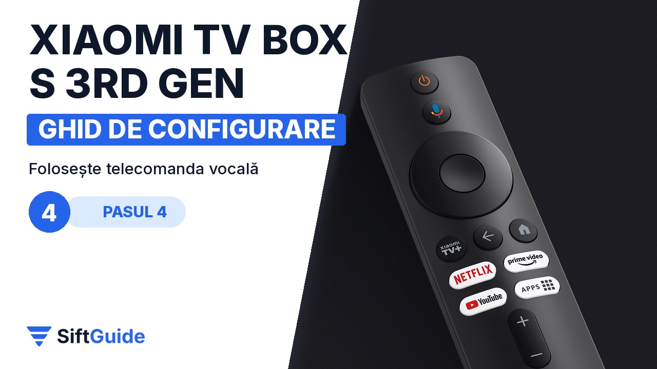 Telecomanda neagră, minimalistă, a Xiaomi TV Box S