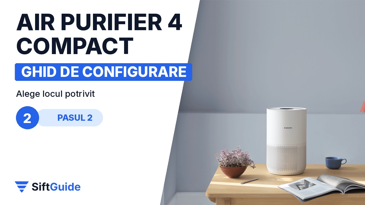 Xiaomi Smart Air Purifier 4 Compact pe o comodă din lemn, lângă decorațiuni