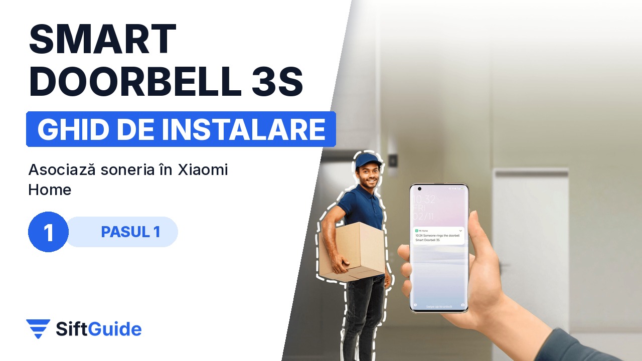 Vizitator cu colet la ușă și imaginea live pe telefon