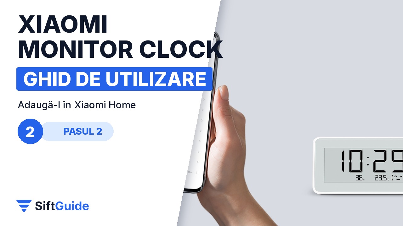 Telefon cu aplicația Xiaomi Home lângă ceasul cu monitor de temperatură și umiditate