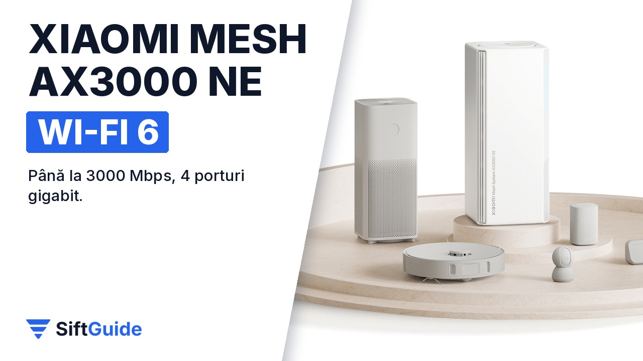 Unitatea albă Xiaomi Mesh AX3000 NE într-un interior deschis la culoare